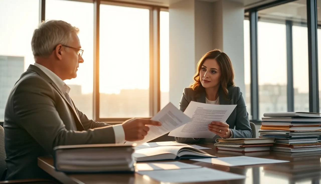 Two lawyers reviewing compliance documents at a conference table in afternoon light