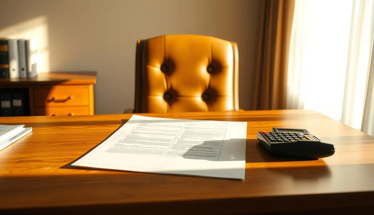 Sunlit law office desk with documents and calculator, TCPA damages concept