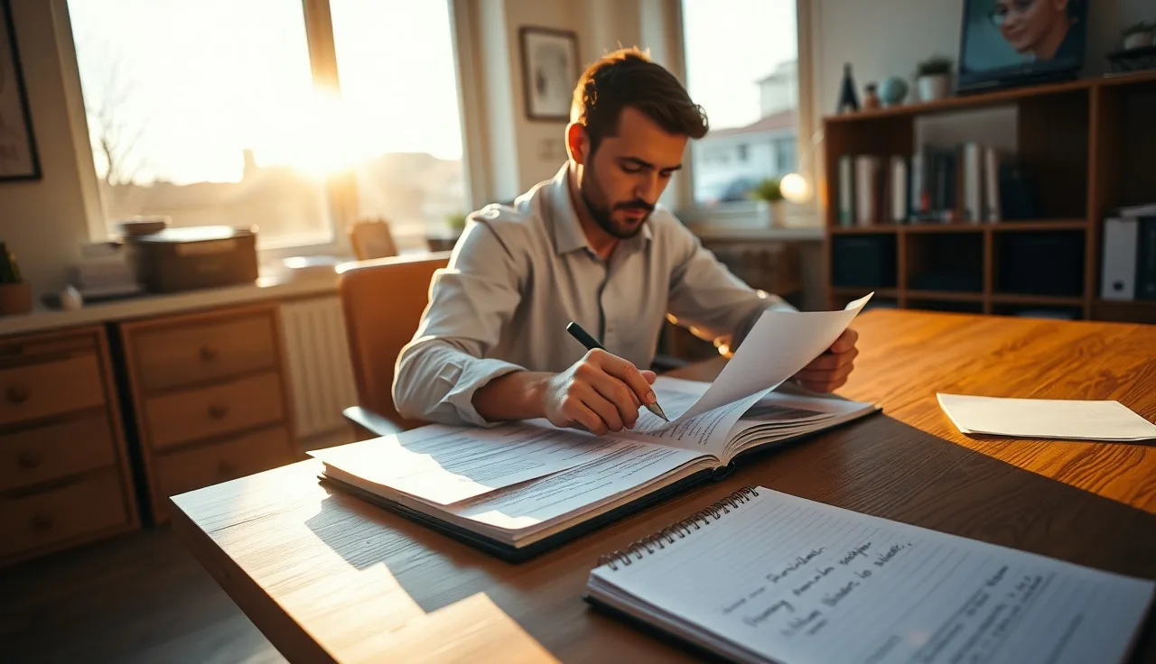Small business owner reviewing legal compliance documents at a wooden desk in warm office light