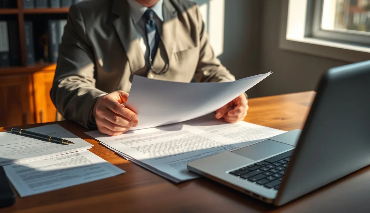 Person reviewing compliance documents at a desk with afternoon sunlight