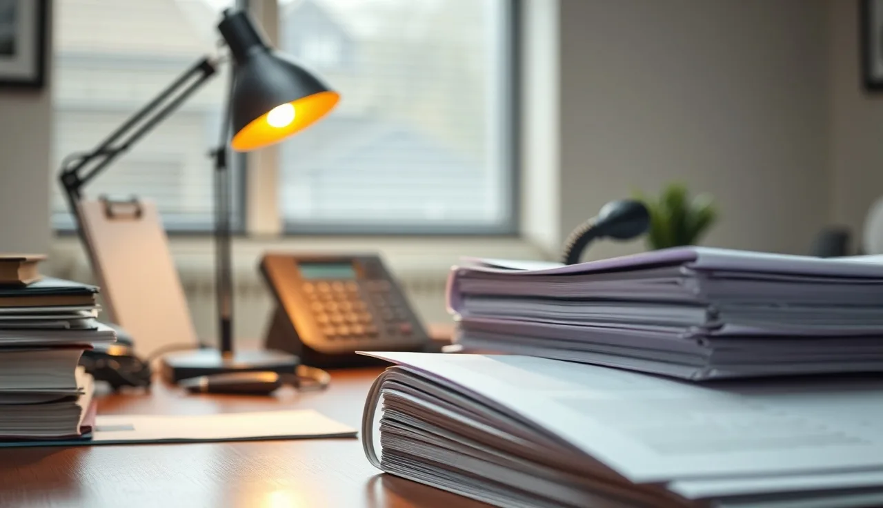 Insurance policy binders on a broker's desk with a telephone in the background