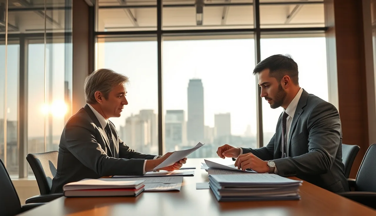Two attorneys reviewing TCPA case documents in a glass conference room