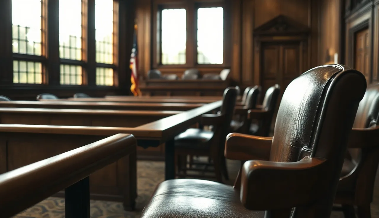 Empty courtroom defense table under afternoon window light, TCPA lawsuit setting