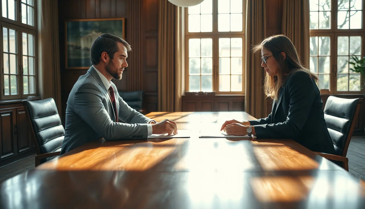 Two professionals at a conference table discussing TCPA liability in a law office