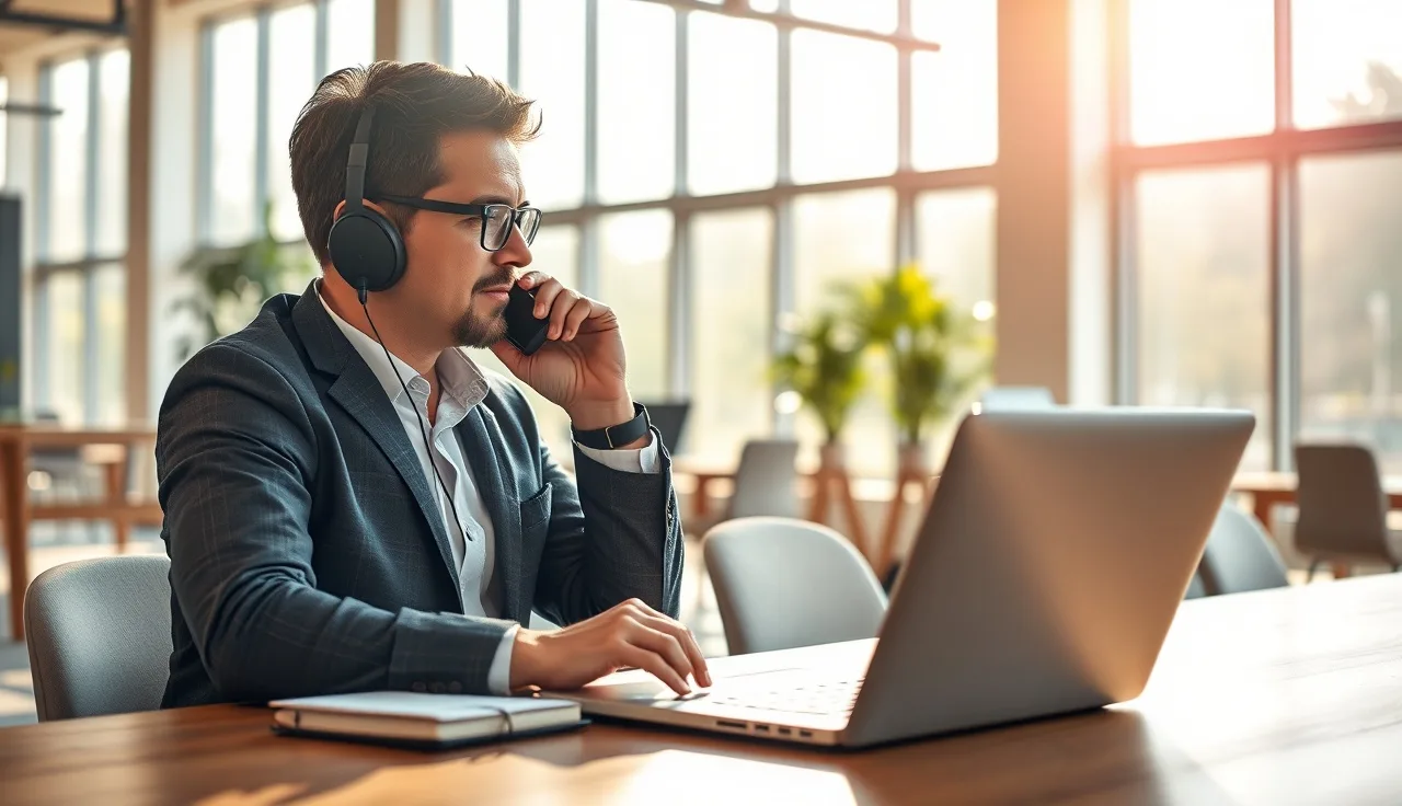 Sales rep making an outbound call from a personal cell phone at their office desk