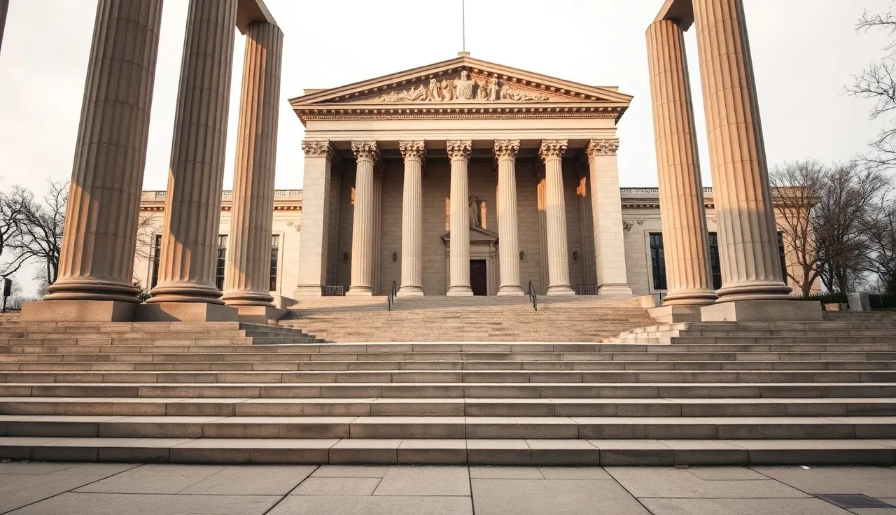 Federal courthouse stone steps and columns in morning light, TCPA litigation setting