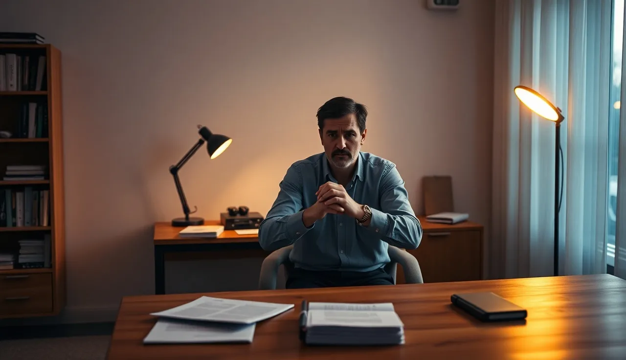 Founder sitting alone at a desk reviewing documents under a lamp, facing personal liability concerns