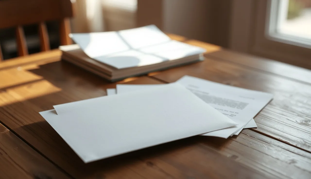 White envelope and opened settlement letter on a kitchen table, TCPA settlement check