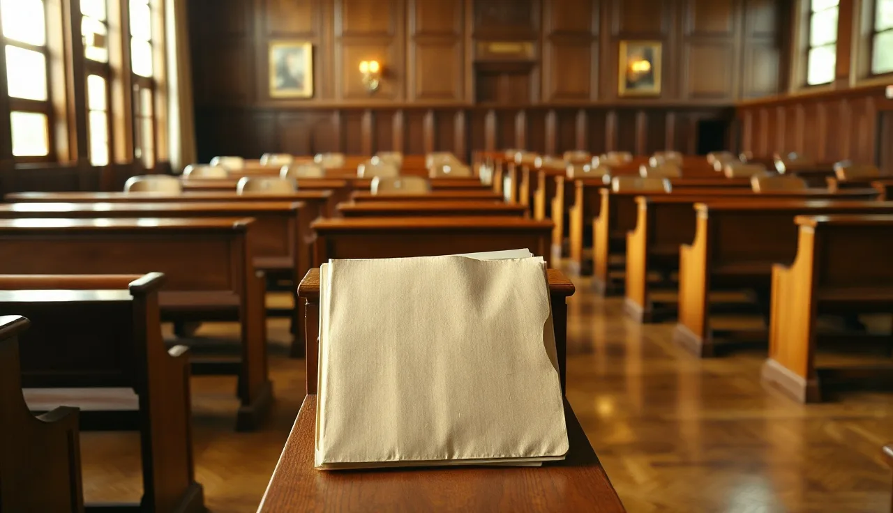 Empty courtroom benches with afternoon light, TCPA lawsuit setting
