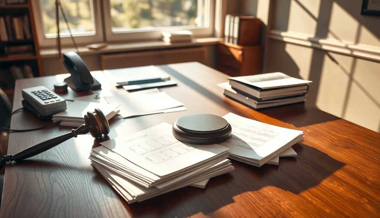 Legal desk with gavel and phone representing a TCPA lawsuit setting
