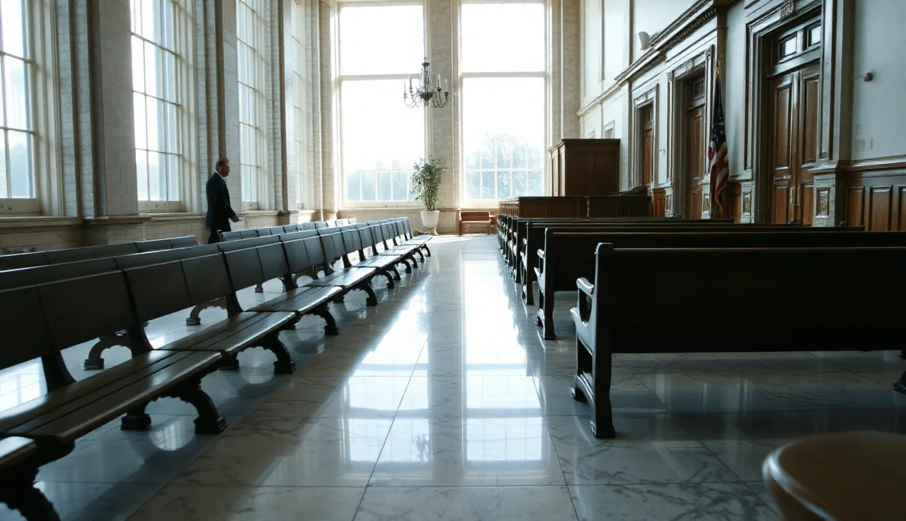 Empty federal courthouse hallway with morning light, symbolizing telemarketing enforcement proceedings