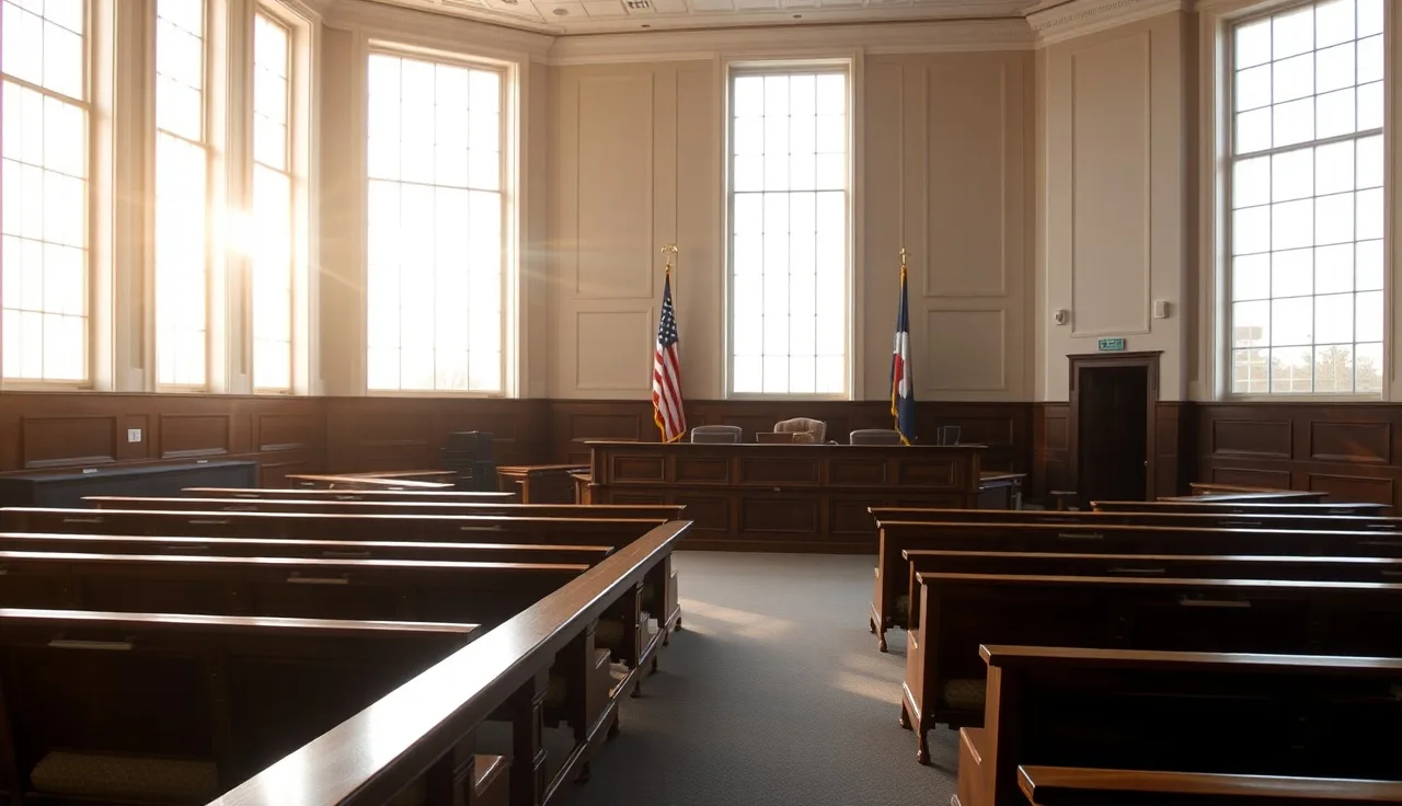 Empty federal courtroom interior showing wooden benches and judge's bench, TCPA standing case setting