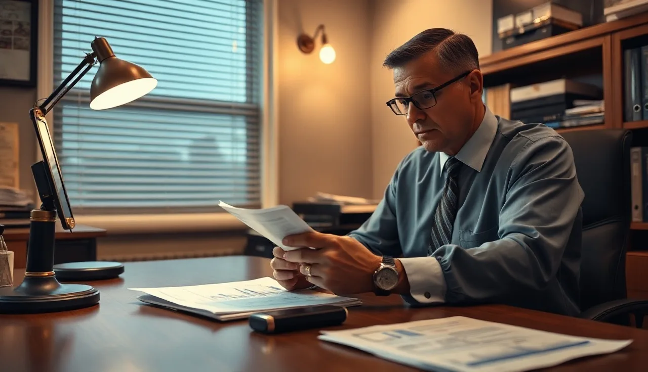 Attorney reviewing phone records and spreadsheets in a law office at dusk