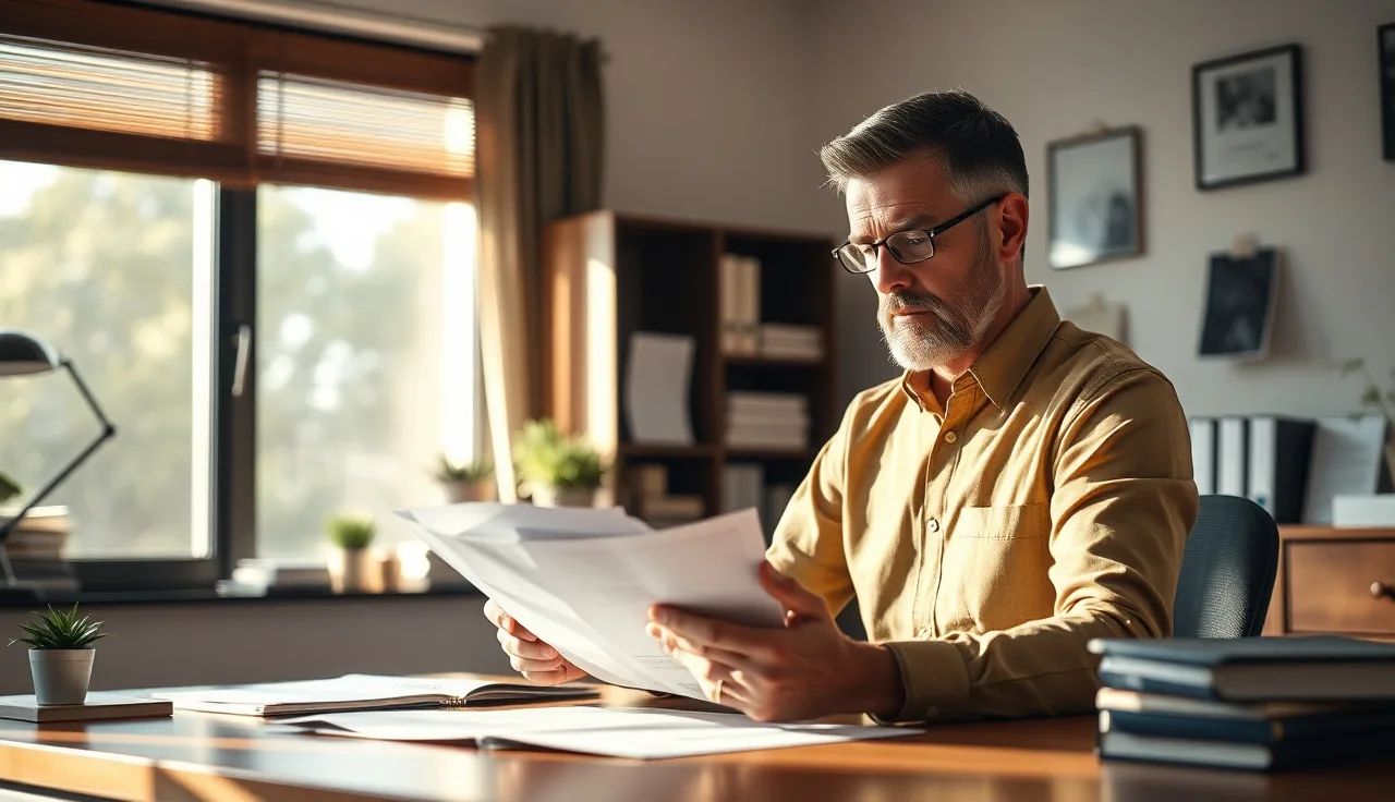 Small business owner reviewing legal documents at desk, TCPA litigation concern
