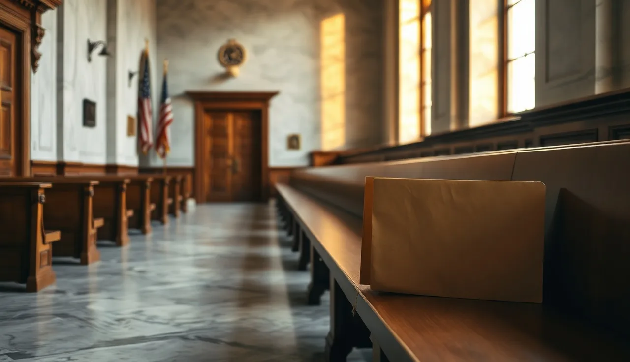 Empty courthouse hallway with wooden benches and soft afternoon light, evoking TCPA litigation risk