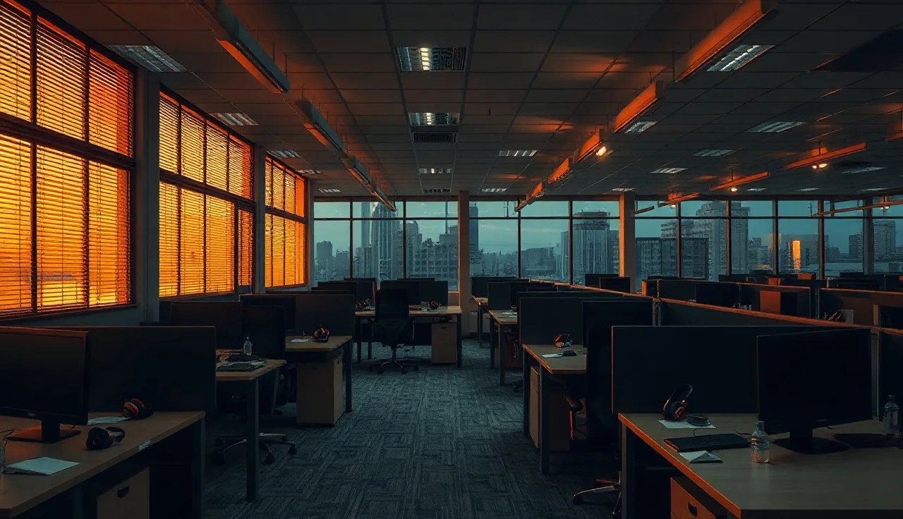 Empty outbound sales office at dusk with headsets on desks, TCPA compliance risk
