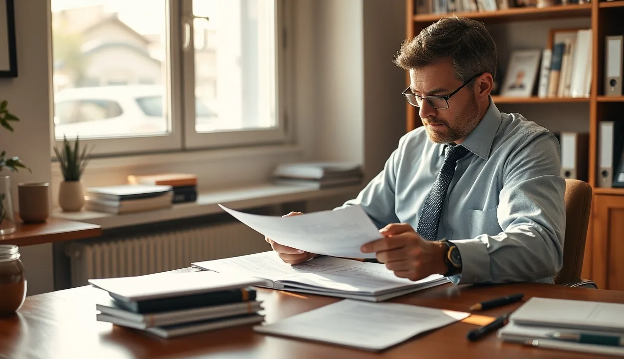 Person reviewing legal compliance documents at a desk after receiving a demand letter