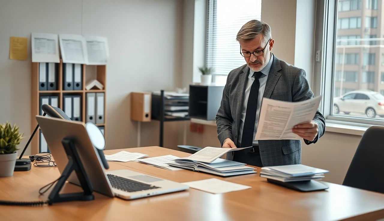 Manager reviewing printed call logs at a sales office desk after unauthorized CRM calls