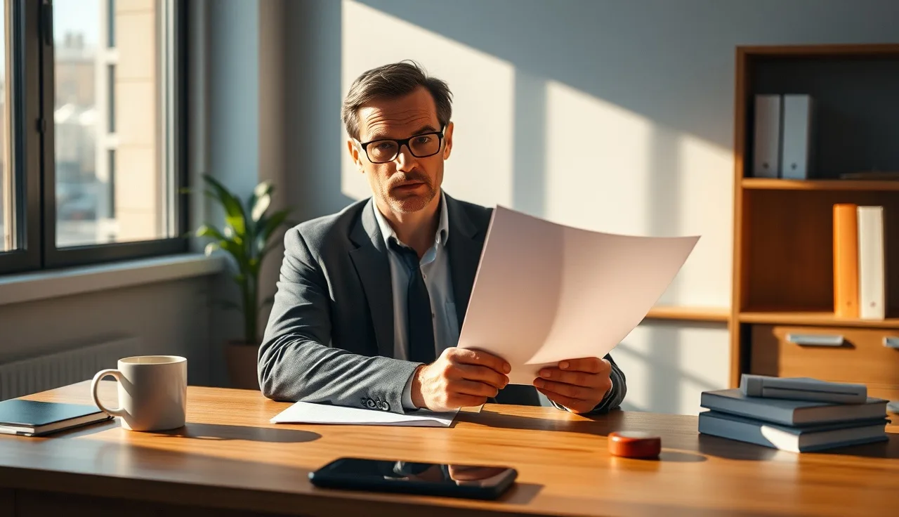 Business owner reviewing a TCPA lawsuit notice at a desk in afternoon light