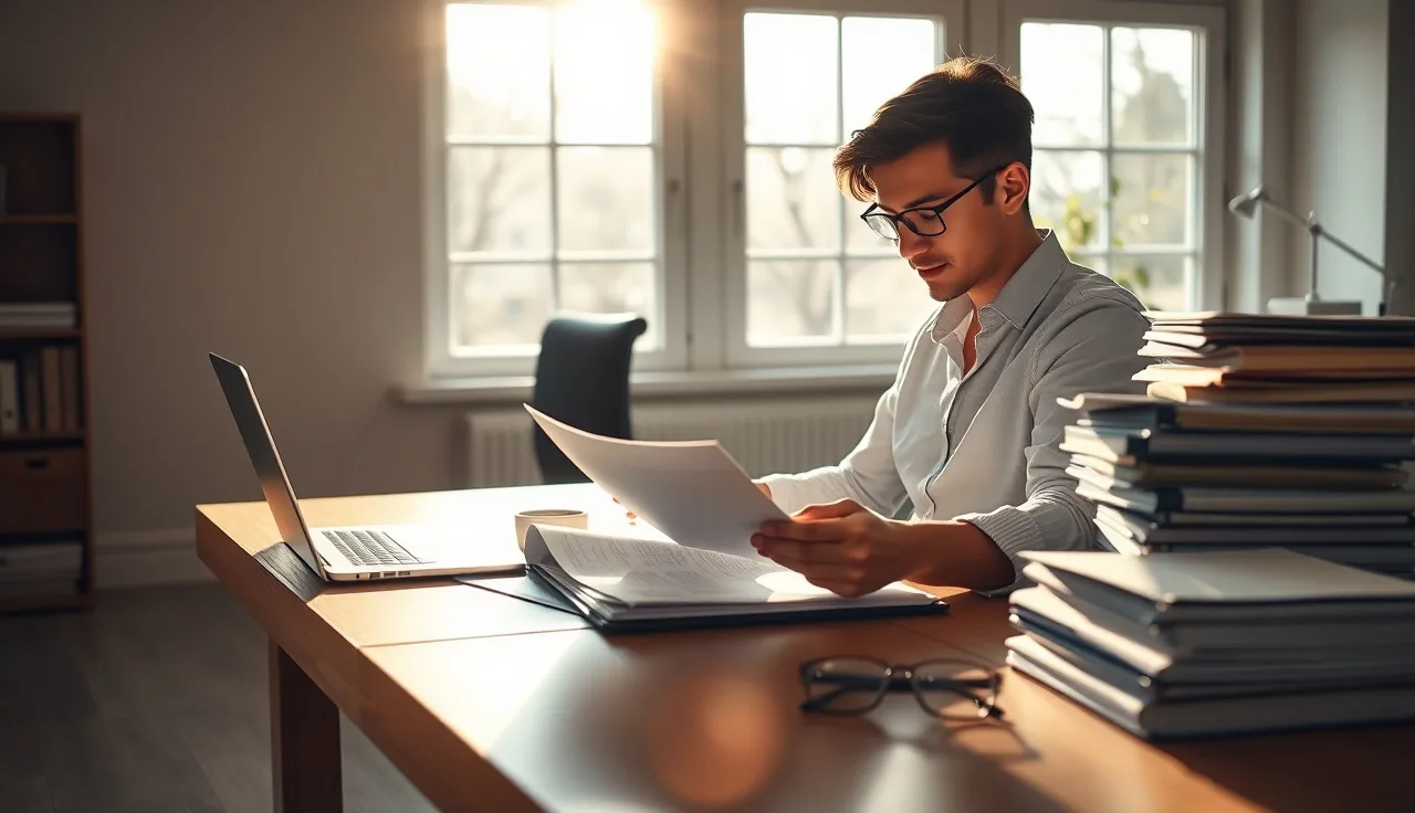Person reviewing 10DLC compliance documents at a sunlit office desk