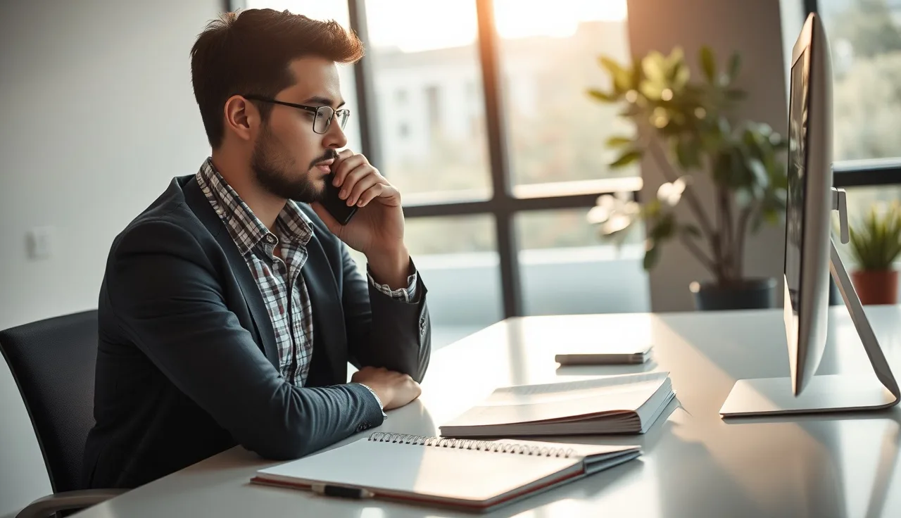 Person on a mobile phone at an office desk during an outbound sales call for SMS opt-in consent