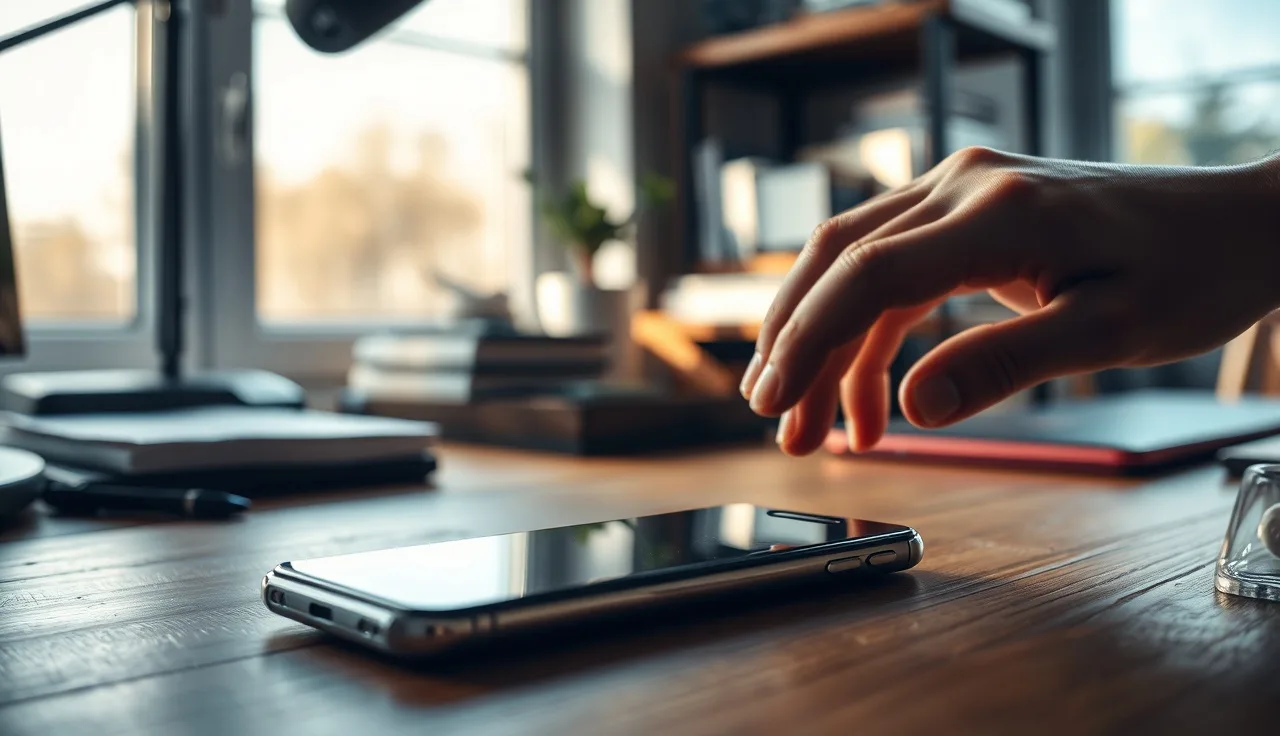 Smartphone on a wooden desk with soft afternoon light, person deciding whether to respond to a text
