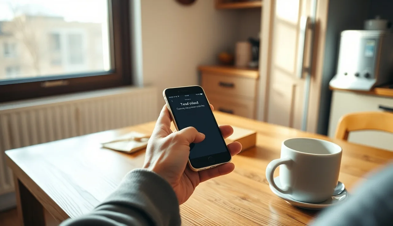 Person reading an SMS notification on a smartphone beside a delivered package