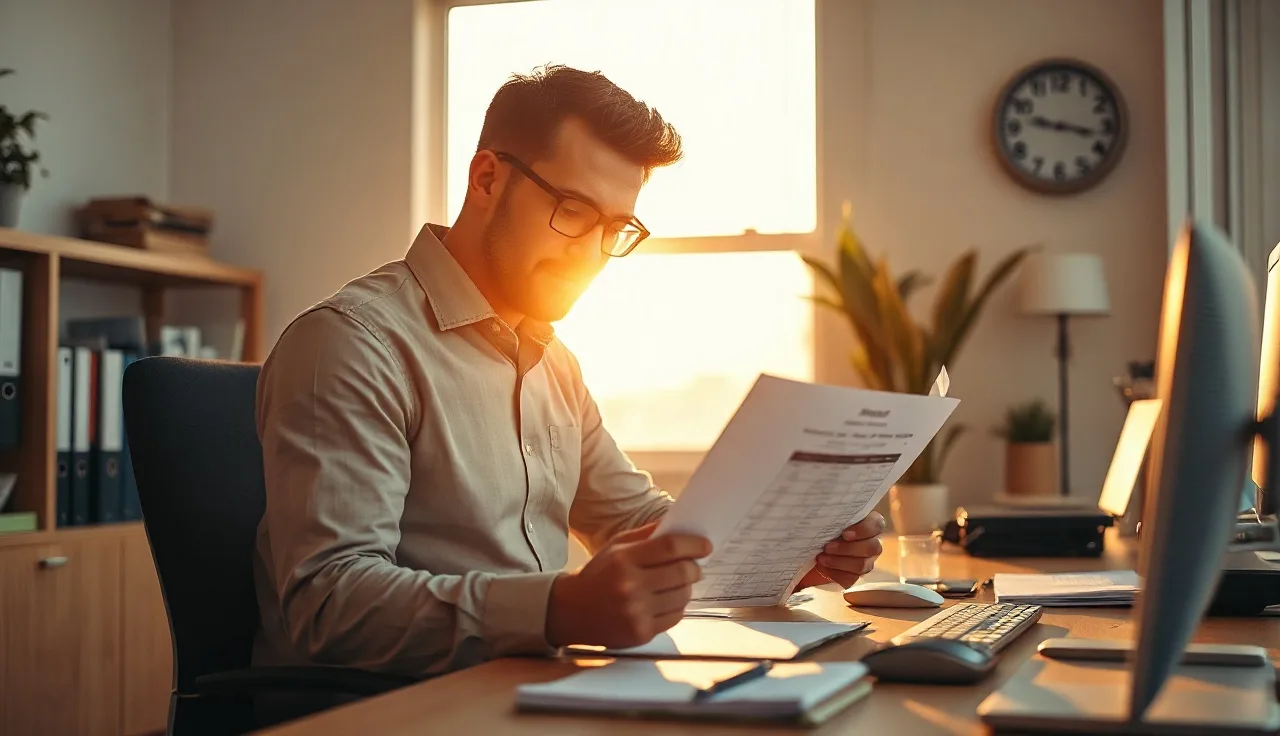 Sales agent reviewing calling schedule at office desk with wall clock showing 8:50