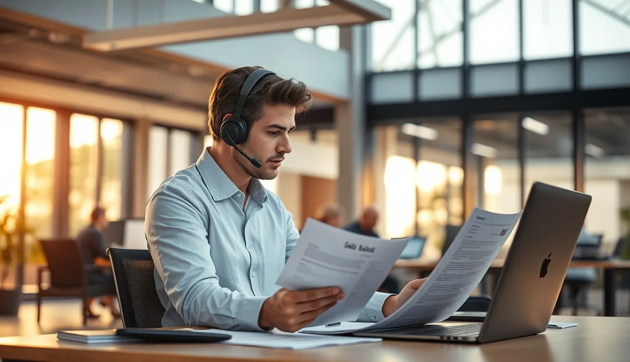 Sales rep with headset reviewing a call list at an office desk