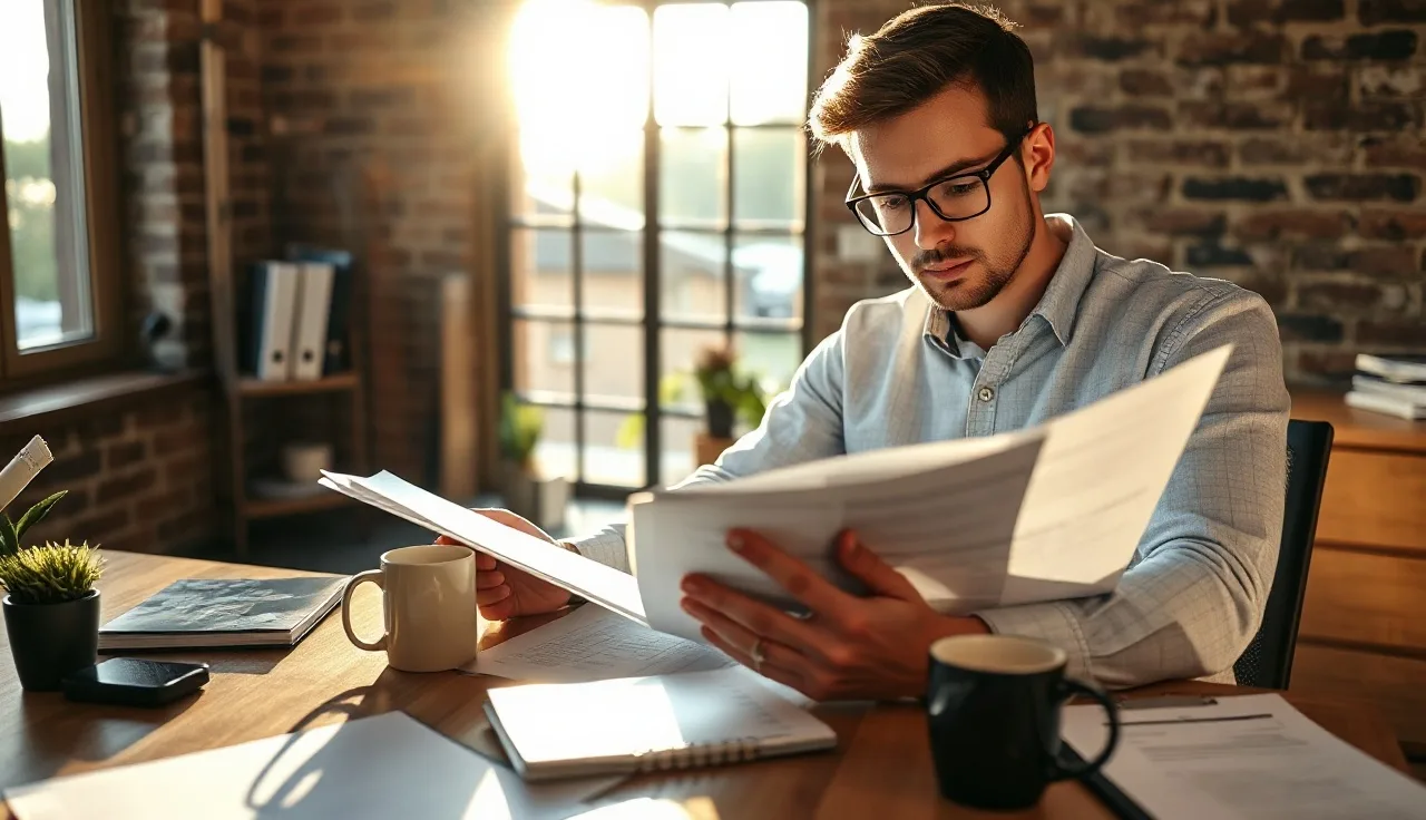 Compliance professional reviewing SMS marketing consent documents at a sunlit desk