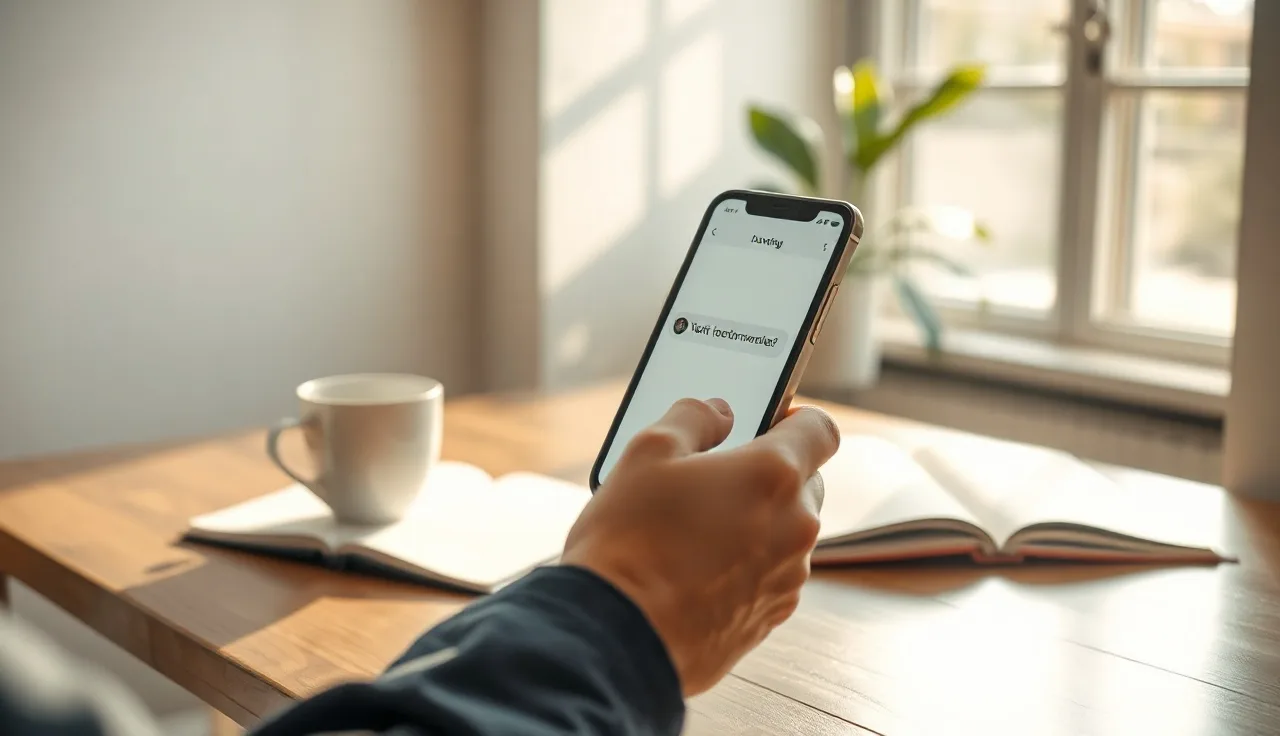Person reviewing SMS double opt-in confirmation on smartphone at office desk