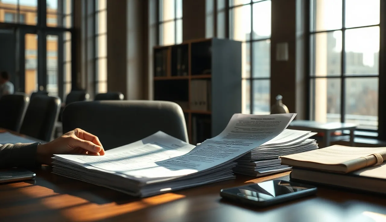 Person reviewing SMS compliance documents at a desk with mobile phone nearby