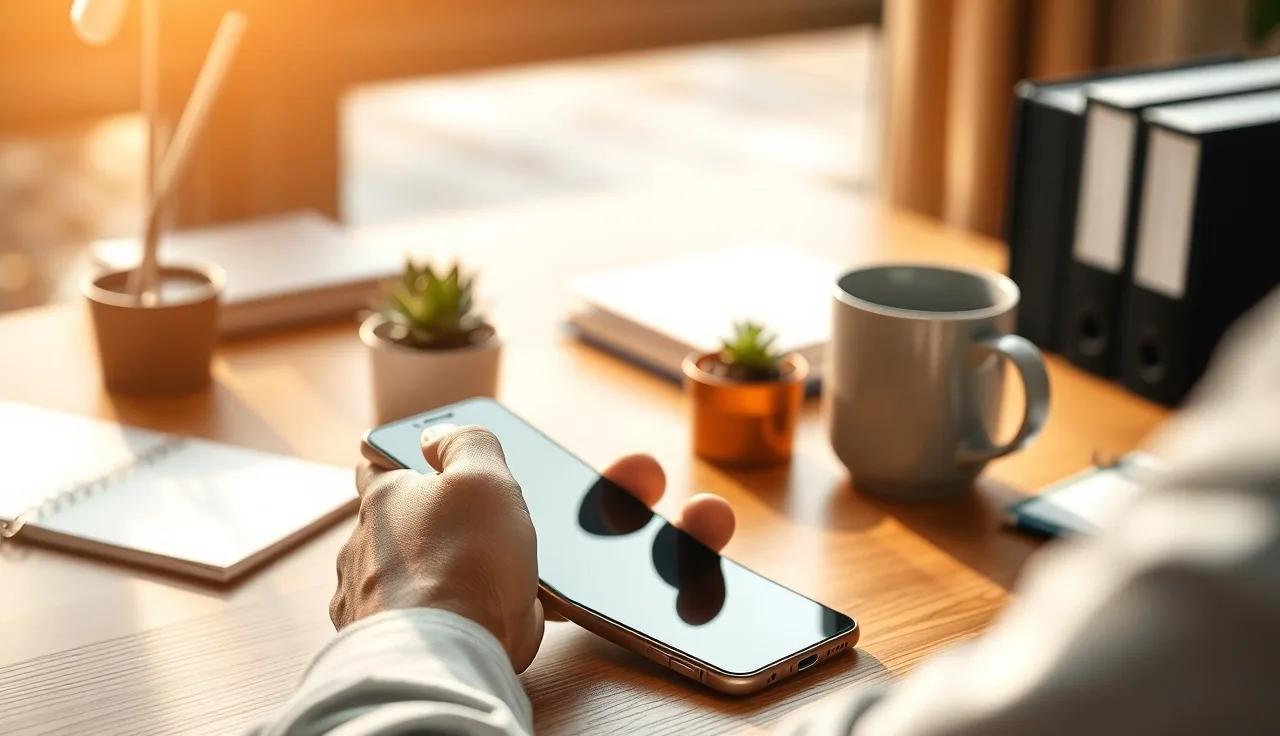 Person holding smartphone on a desk, representing bulk SMS marketing compliance