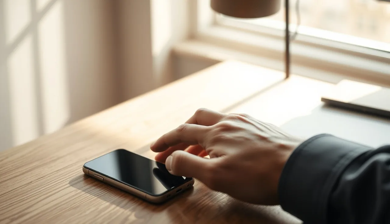 Hand resting near a smartphone on a desk, SMS compliance concept