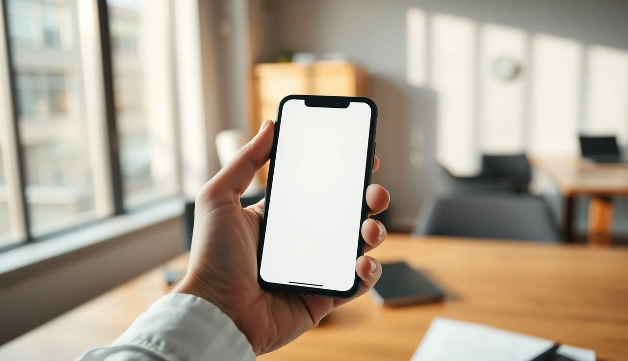 Hand holding smartphone with blank notification screen on a wooden desk