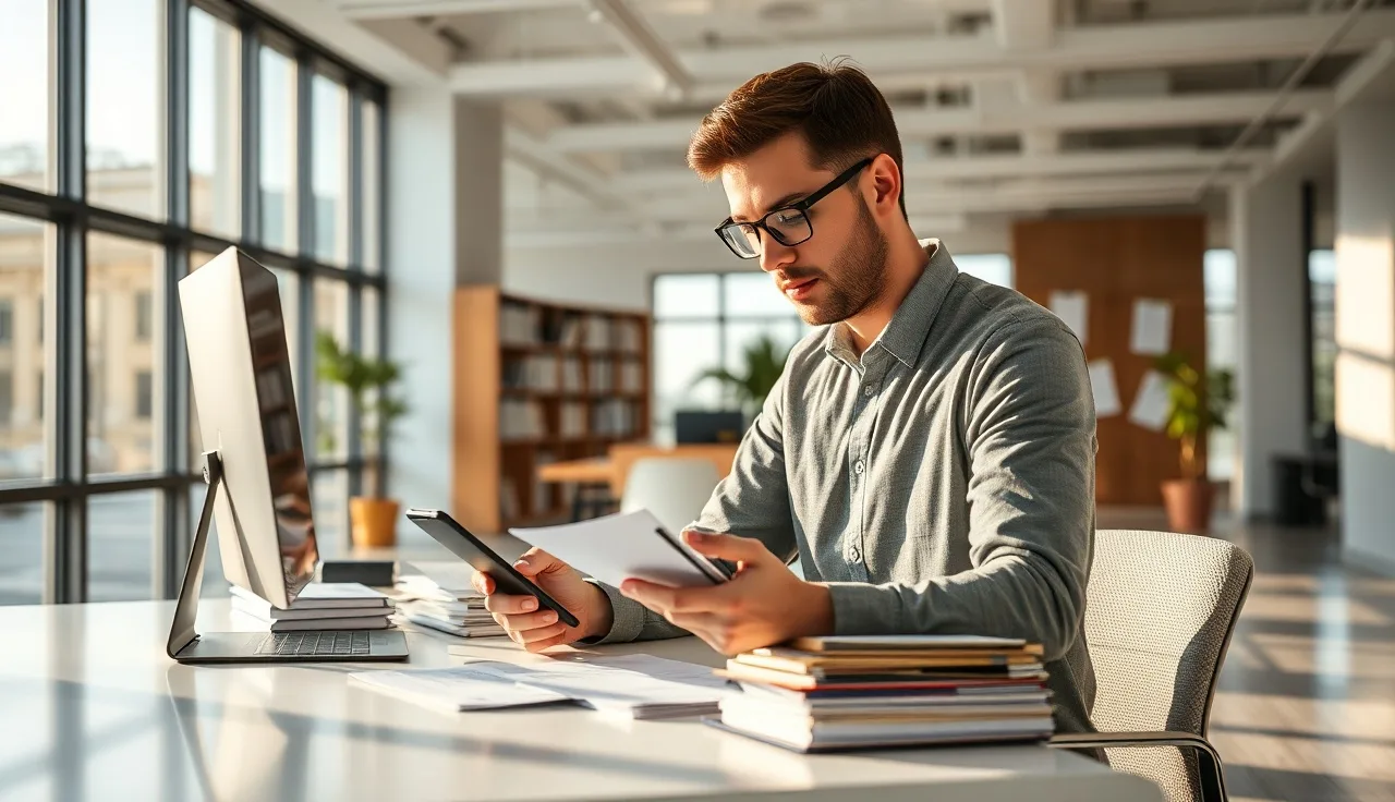Sales professional reviewing SMS compliance documents at a bright office desk