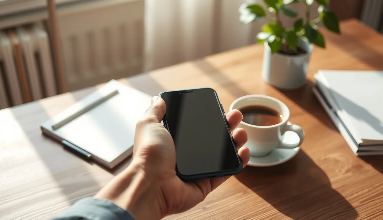 Hand resting on a face-down smartphone on a wooden desk, soft morning light