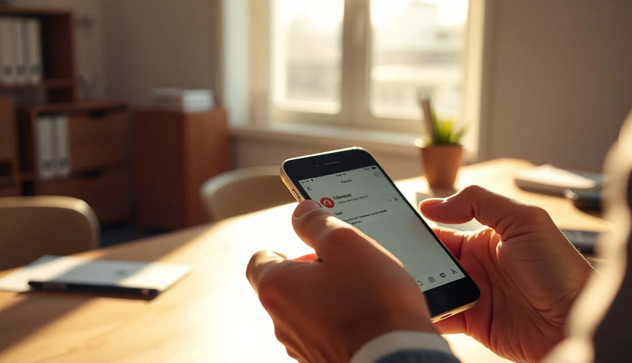 Person reviewing an incoming text message notification on a smartphone at a desk