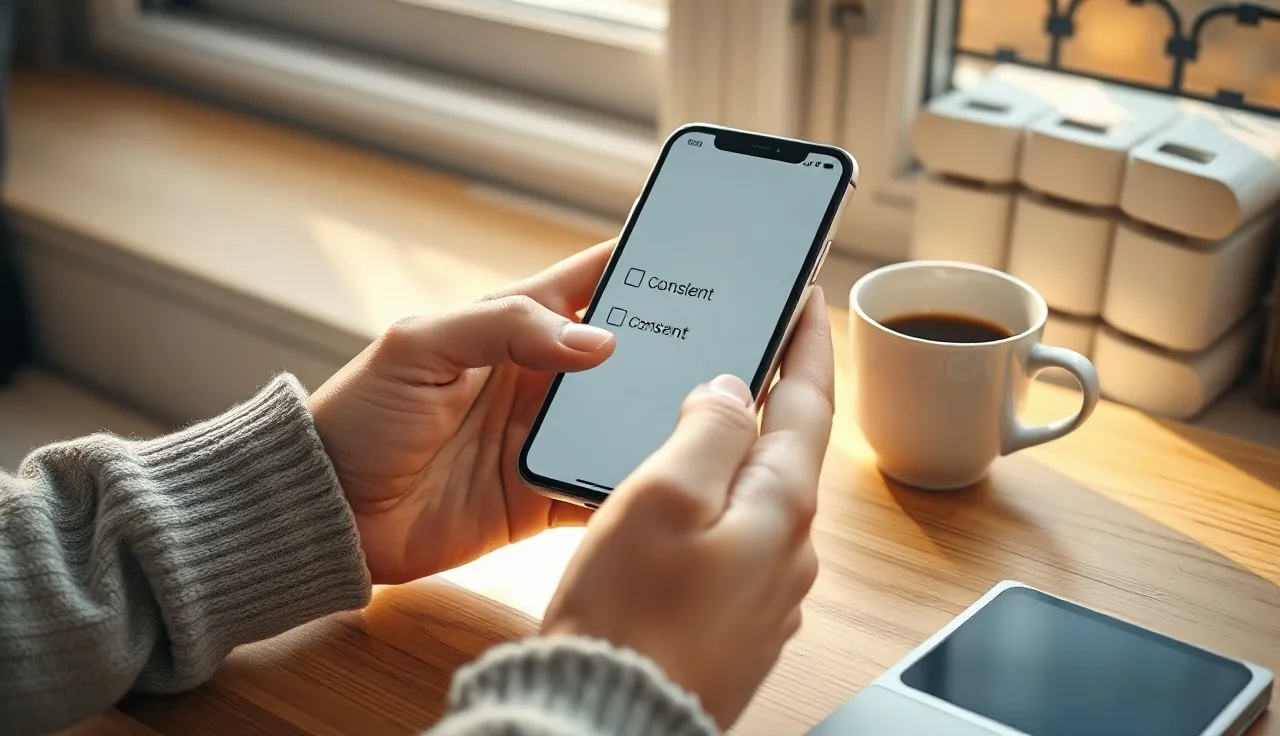Person reviewing SMS opt-in consent form on smartphone at morning desk