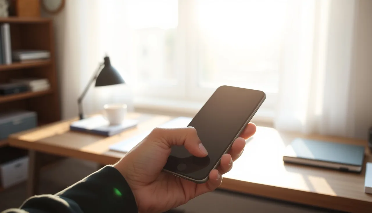 Hand holding a smartphone on a desk with soft afternoon light, illustrating SMS opt-out compliance