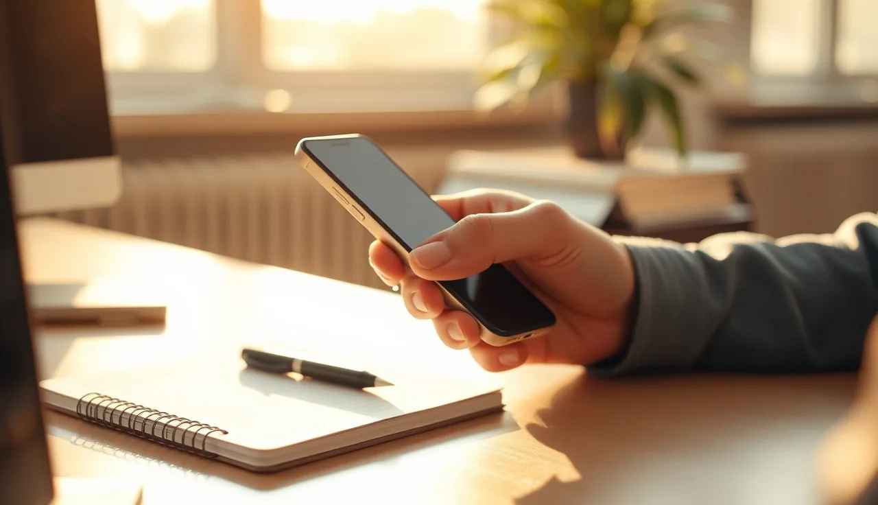 Person holding a smartphone at a desk with a notepad beside them
