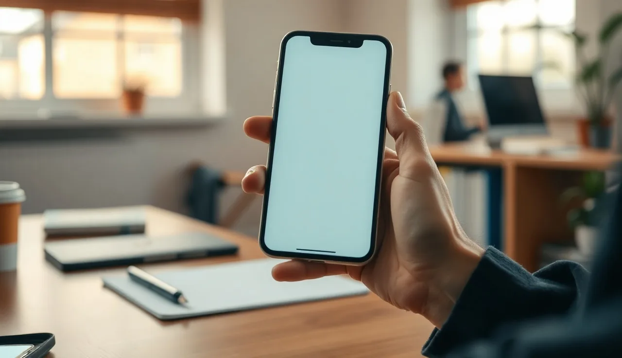 Person holding smartphone at a desk, representing text message compliance review