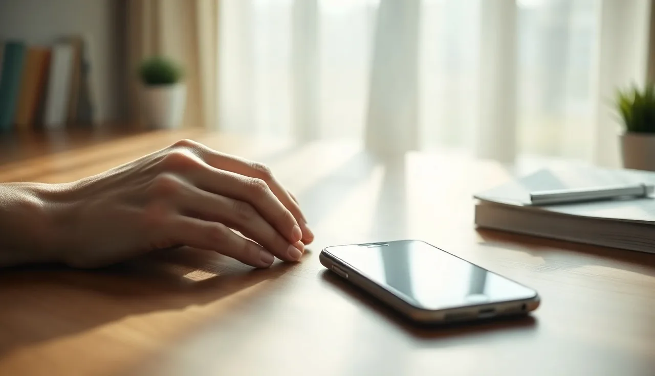 Hands resting near a smartphone on a desk, representing SMS compliance review