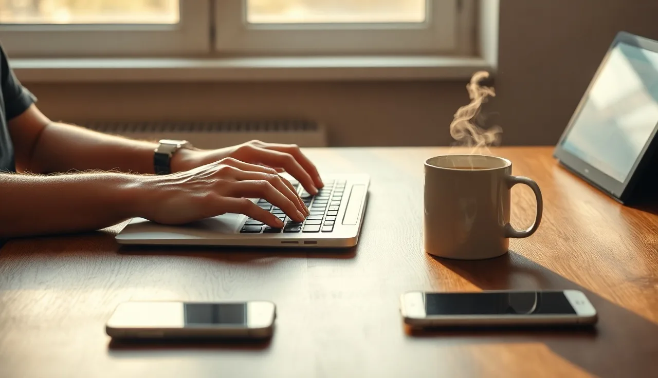 Person typing on laptop at desk building an SMS compliance program