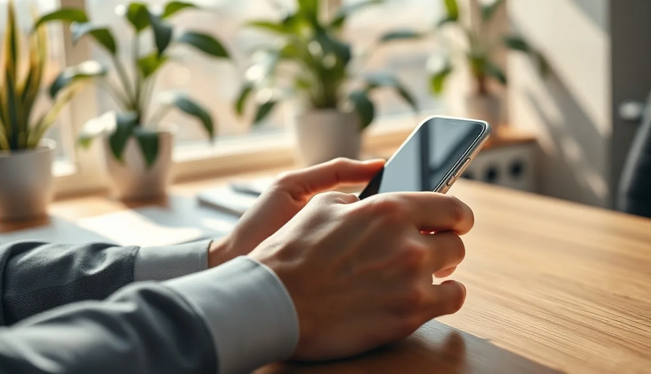 Hands holding a smartphone on a wooden desk for SMS campaign registration