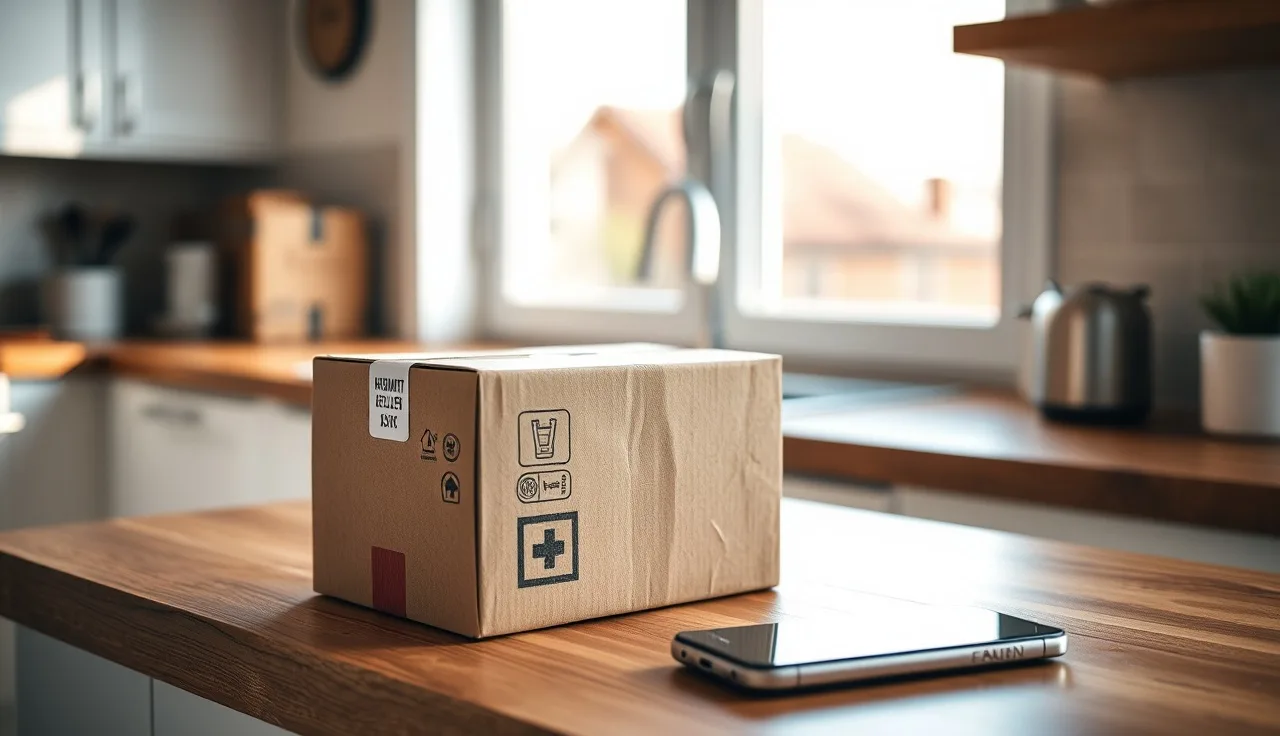 Shipping box and mobile phone on a kitchen counter awaiting an order confirmation text