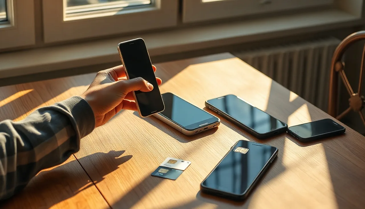 Person testing SMS deliverability on multiple carrier phones at a wooden desk