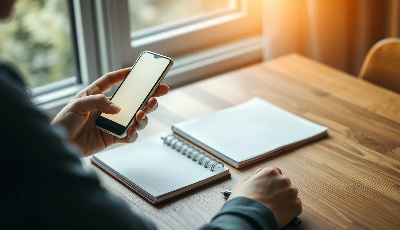 Person reviewing an SMS welcome message on a smartphone at a sunlit desk