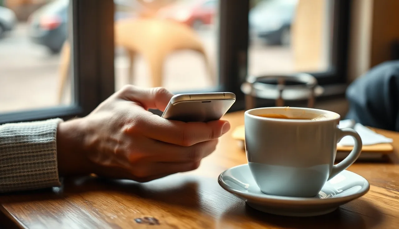 Person holding smartphone at café table reviewing text message marketing messages