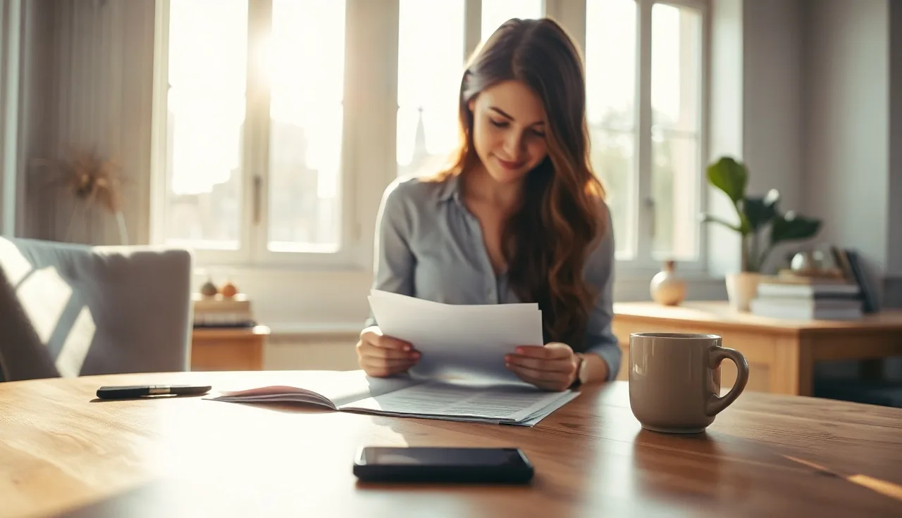 Woman reviewing compliance documents at a desk with a phone beside her